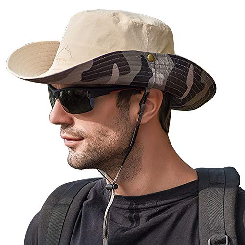 WANYIG Sonnenhut Herren UV Schutz Doppelseitiger Fischerhut Sommer Outdoor Safari Hut Faltbar Wanderhut Gartenhut Boonie Buschhut Hiking Bucket Hat(Beige) von WANYIG