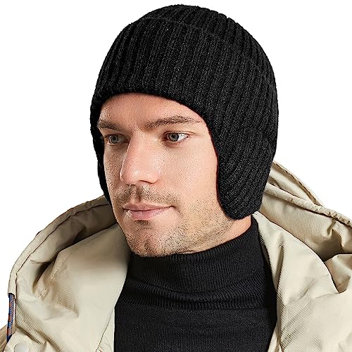 WANYIG Unisex Wintermütze Strickmütze Beanie Winter Mütze Warme Plain Hat mit 9cm Ohrenklappen für Damen und Herren(44 Schwarz) von WANYIG