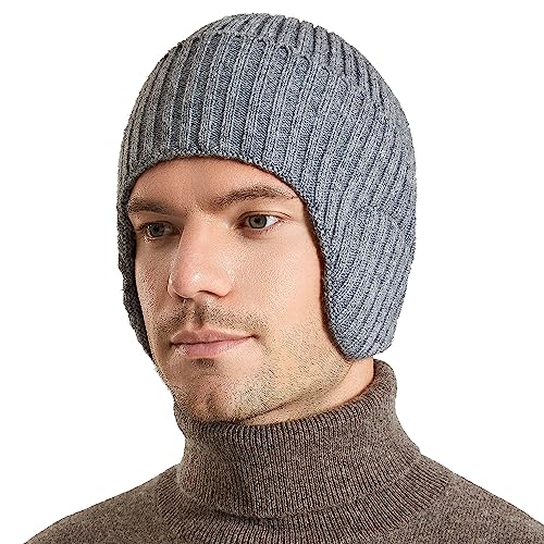 WANYIG Unisex Wintermütze Strickmütze Beanie Winter Mütze Warme Plain Hat mit 9cm Ohrenklappen für Damen und Herren(Hellgrau) von WANYIG