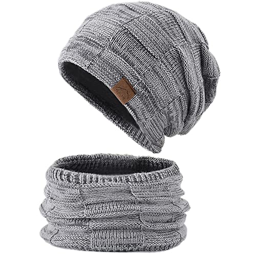 WANYIG Warme Wintermütze Schal Set Doppelschichtiger Paar Hüte Winter Strickmütze Wollmütze Bommelmütze Unisex Beanie Hüte mit Fleece Innenfutter Herren Damen 56-60CM (Grau) von WANYIG