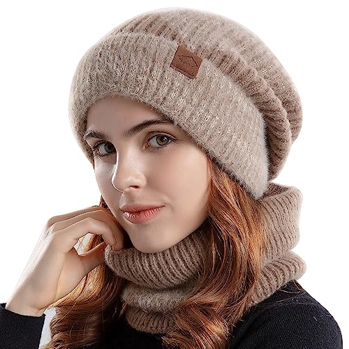 WANYIG Winter Mütze mit Schal Damen Wintermütze Warm Strickmütze Wollmütze Weich Gestrickt Beanie Loop Schal Set für Herbst Winter 55-60cm(Khaki) von WANYIG