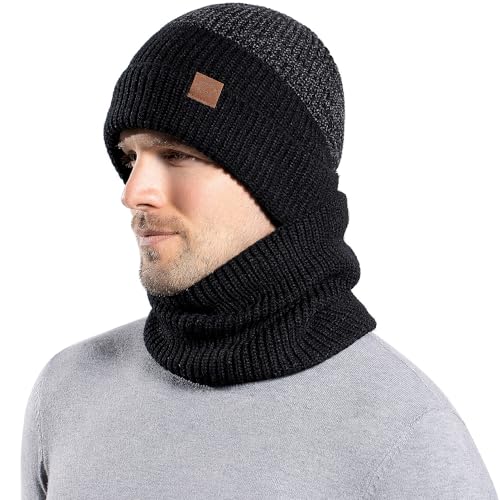 WANYIG Wintermütze Strickmütze mit Schal Damen Herren Beanie Mütze Warme Herbst Winter Damenmützen Schal und Mütze Set mit Weichem Innenfutter (Schwarz) von WANYIG