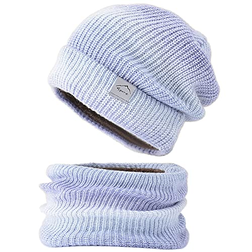 WANYIG Wintermütze Strickmütze mit Schal Damen Warme Mütze Beanie Herbst Winter Schal und Mütze Set 56-60CM (Farbverlauf Lila) von WANYIG