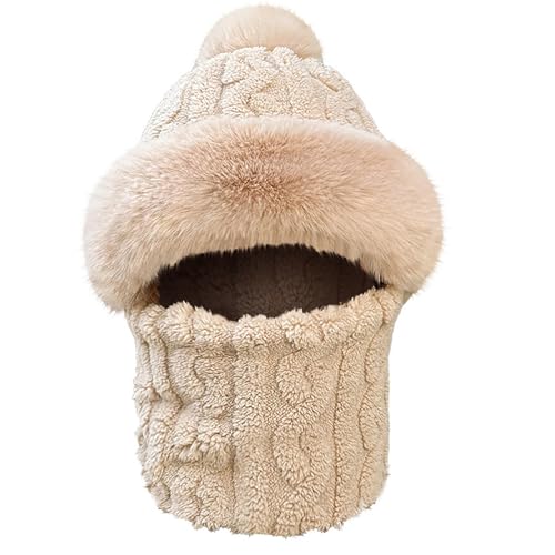 WANYIG Wintermütze Strickmütze mit schal 2 in 1 Winter Mütze Schal Set Damen Winddichte Skimütze Thermal Balaclava with Fleecefutter 55-58cm(Khaki) von WANYIG