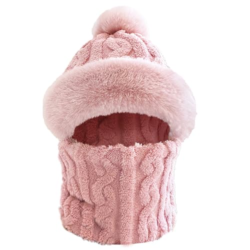 WANYIG Wintermütze Strickmütze mit schal 2 in 1 Winter Mütze Schal Set Damen Winddichte Skimütze Thermal Balaclava with Fleecefutter 55-58cm(Rosa) von WANYIG