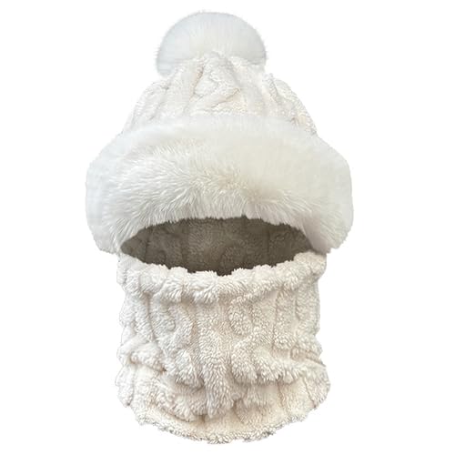 WANYIG Wintermütze Strickmütze mit schal 2 in 1 Winter Mütze Schal Set Damen Winddichte Skimütze Thermal Balaclava with Fleecefutter 55-58cm (Beige) von WANYIG