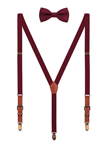 WANYING 2cm Hosenträger Fliege Sets | Retro PU Leder 3 Messingartige Clips Y Form Hosenträger Elastisch Verstellbar für Körpergröße 140-190cm - Bordeaux Rot von WANYING
