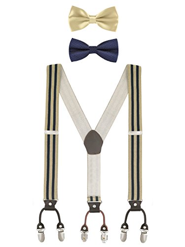 WANYING Herren 3 in 1 Set 3,5cm*120 Y-Form 6 Clips Hosenträger & 2 Stücke 6,5 * 12cm Fliegen Gentleman Klassisch - Gestreift Beige Dunkelblau von WANYING