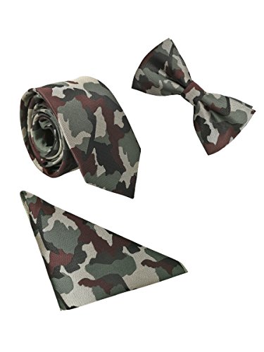 WANYING Herren 6 * 12cm Fliege & 6cm Schmale Krawatte & 22 * 22 cm Einstecktuch 3 in 1 Sets Streetwear - Grün Camouflage von WANYING