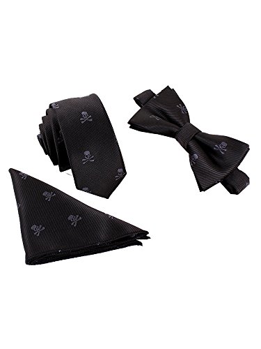 WANYING Herren 6 * 12cm Fliege & 6cm Schmale Krawatte & Einstecktuch 3 in 1 Sets Streetwear - Schwarz Totenkopf Pattern von WANYING