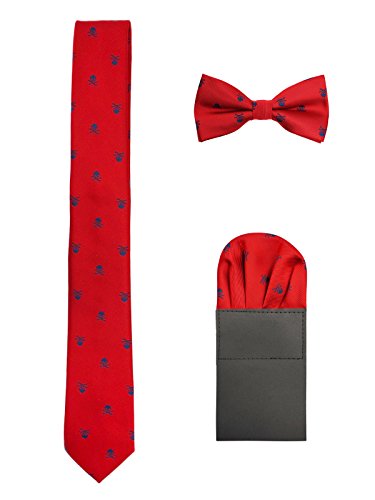 WANYING Herren 6cm Krawatte & Gebundene Fliege & Einstecktuch 3 in 1 Set Yuppie Trendmode Casual Cool - Totenkopf Pattern Rot von WANYING