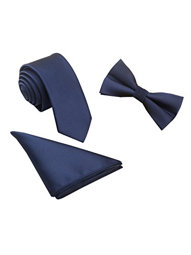 WANYING Herren Classic 6 * 12cm Fliege & 6cm Schmale Krawatte & 22 * 22 cm Einstecktuch 3 in 1 Sets - Einfarbig Dunkelblau von WANYING