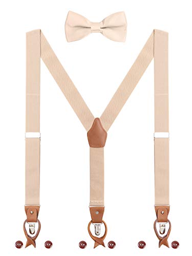 Herren Hosenträger Fliege Set 2 WAY TO WEAR 6 Leder Knopfloch 3 Clips Y-Form 3,5cm Breit Verlängerte Hosenträger für Körpergröße 160-200cm - Beige von WANYING