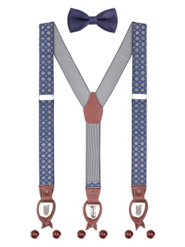 Herren Hosenträger Fliege Set 2 WAY TO WEAR 6 Leder Knopfloch 3 Clips Y-Form 3,5cm Breit Verlängerte Hosenträger für Körpergröße 160-200cm - Dunkelblau Punkte Pattern von WANYING