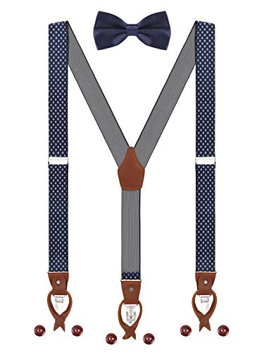 Herren Hosenträger Fliege Set 2 WAY TO WEAR 6 Leder Knopfloch 3 Clips Y-Form 3,5cm Breit Verlängerte Hosenträger für Körpergröße 160-200cm - Dunkelblau Weiß Kariert von WANYING