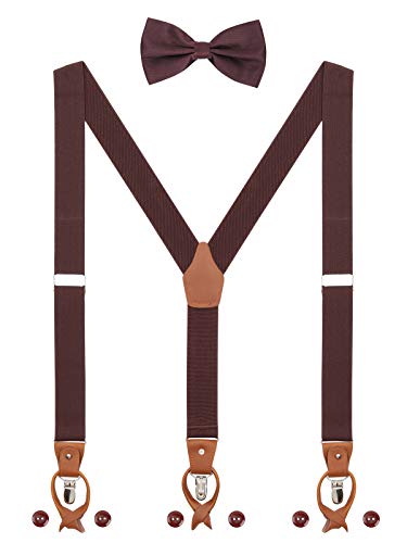 Herren Hosenträger Fliege Set 2 WAY TO WEAR 6 Leder Knopfloch 3 Clips Y-Form 3,5cm Breit Verlängerte Hosenträger für Körpergröße 160-200cm - Dunkelbraun von WANYING