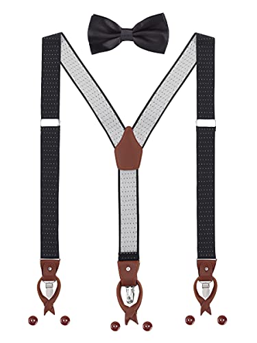 Herren Hosenträger Fliege Set 2 WAY TO WEAR 6 Leder Knopfloch 3 Clips Y-Form 3,5cm Breit Verlängerte Hosenträger für Körpergröße 160-200cm - Gepunktet Schwarz von WANYING