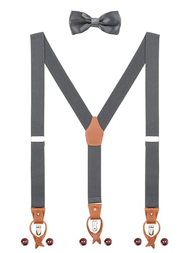 Herren Hosenträger Fliege Set 2 WAY TO WEAR Y-Form 3 Clips 6 Leder Knopfloch 3,5cm Breit Verlängerte Hosenträger - Grau von WANYING