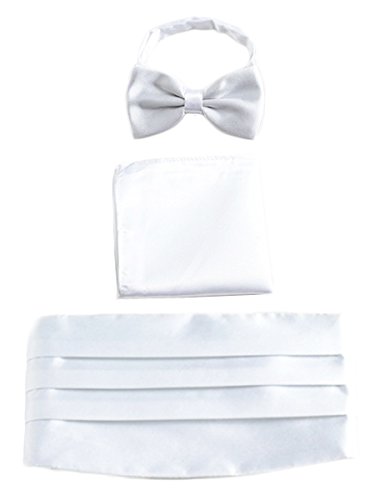 Herren Satin Kummerbund Fliege Einstecktuch 3 in 1 Set für Hochzeit Party Ball Banquet Smoking Gentleman - Einfarbig Weiß von WANYING