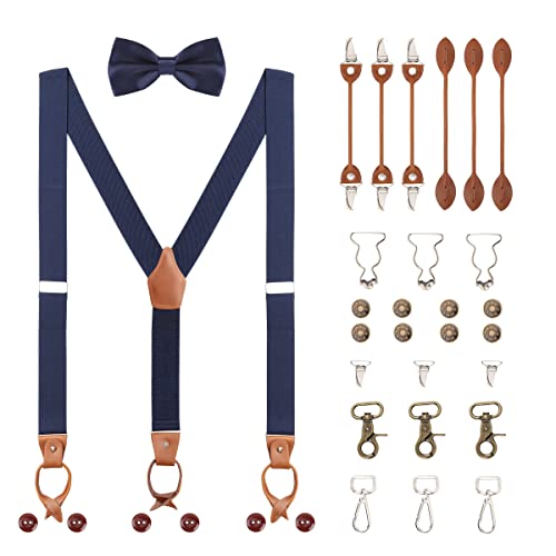 Herren Y-Form 3,5cm Breit Hosenträger & Fliege Set 6 WAY TO WEAR Knopf- Klammer- Hummer- Verschluss Latzhose Schnalle Verlängerte Hosenträger für Körpergröße 160-200cm - Dunkelblau von WANYING