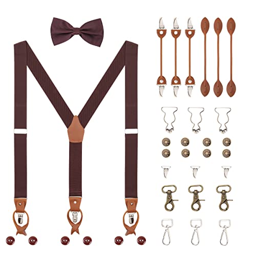Herren Y-Form 3,5cm Breit Hosenträger & Fliege Set 6 WAY TO WEAR Knopf- Klammer- Hummer- Verschluss Latzhose Schnalle Verlängerte Hosenträger für Körpergröße 160-200cm - Dunkelbraun von WANYING