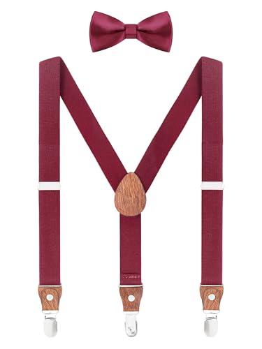 WANYING Hosenträger Fliege Set für Kleinkind Kinder Jungen Mädchen 3-8 Jahre alt Y Form 3 Clips Breite 2,5cm Elastische Hosenträger - Einfarbig Bordeaux Rot von WANYING