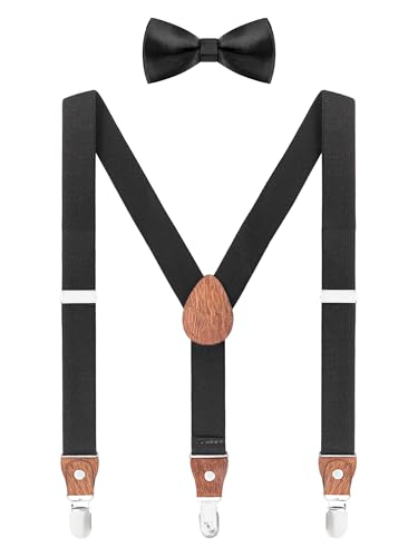 WANYING Hosenträger Fliege Set für Kleinkind Kinder Jungen Mädchen 3-8 Jahre alt Y Form 3 Clips Breite 2,5cm Elastische Hosenträger - Einfarbig Schwarz von WANYING