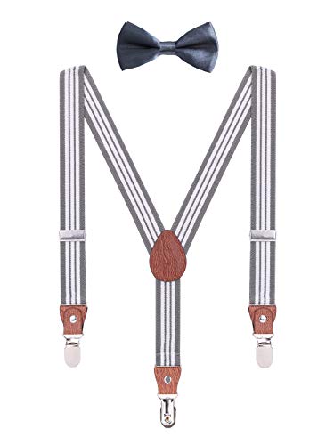 WANYING Hosenträger Fliege Set für Kleinkind Kinder Jungen Mädchen 3-8 Jahre alt Y Form 3 Clips Breite 2,5cm Elastische Hosenträger - Gestreift Grau von WANYING