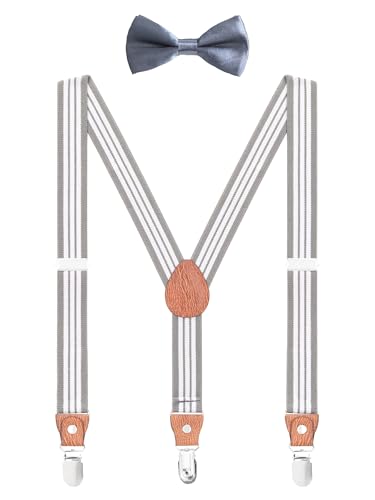 WANYING Hosenträger Fliege Set für Kleinkind Kinder Jungen Mädchen 3-8 Jahre alt Y Form 3 Clips Breite 2,5cm Elastische Hosenträger - Gestreift Grau von WANYING