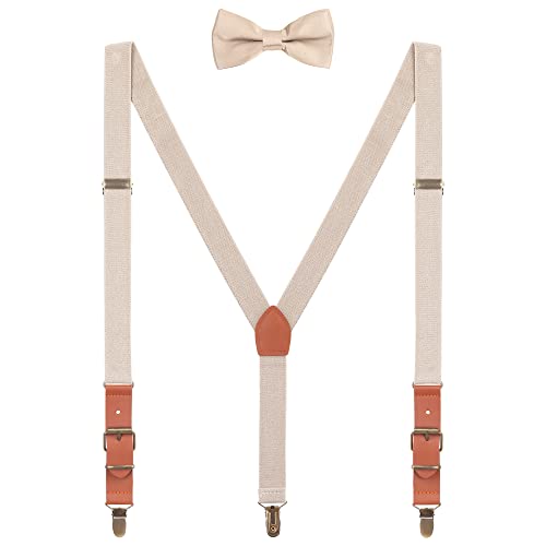 Hosenträger Fliege Sets für Herren Jugendlichen Y Form 3 Anti-Rost Clips Hosenträger Elastisch Verstellbar Classic Schick Gentleman - Beige von WANYING