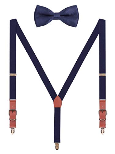 Hosenträger Fliege Sets für Herren Jugendlichen Y Form 3 Anti-Rost Clips Hosenträger Elastisch Verstellbar Classic Schick Gentleman - Dunkelblau von WANYING