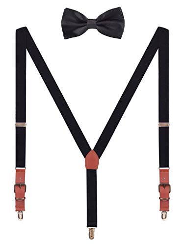 Hosenträger Fliege Sets für Herren Jugendlichen Y Form 3 Anti-Rost Clips Hosenträger Elastisch Verstellbar Classic Schick Gentleman - Schwarz von WANYING