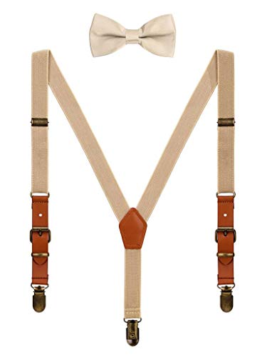 WANYING Kinder Baby Kleinkind Jungen Mädchen Hosenträger Fliege Set für 1-8 Jahres alt Vintage Stil 2cm Breite 3 Clips Y Form Hosenträger - Beige von WANYING