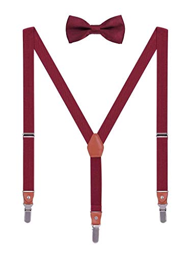 WANYING Unisex Hosenträger Fliege Set für Herren Damen 3 Starken Langen Clips Y-Form Elastische Hosenträger für Körpergröße 140-185cm - Bordeaux Rot von WANYING