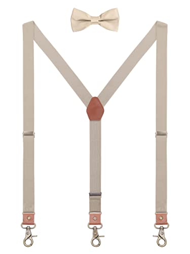 WANYING 2,5cm Hosenträger Fliege Sets für Damen Herren | Y Form Retro PU Leder Hummer Verschluss Hosenträger Elastisch Verstellbar für Körpergröße 150-200cm - Einfarbig Khaki von WANYING