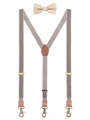 WANYING 2,5cm Hosenträger Fliege Sets für Damen Herren | Y Form Retro PU Leder Hummer Verschluss Hosenträger Elastisch Verstellbar für Körpergröße 150-200cm - Gestreift Beige Schwarz von WANYING