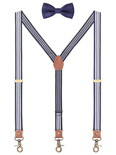 WANYING 2,5cm Hosenträger Fliege Sets für Damen Herren | Y Form Retro PU Leder Hummer Verschluss Hosenträger Elastisch Verstellbar für Körpergröße 150-200cm - Gestreift Weiß Dunkelblau von WANYING
