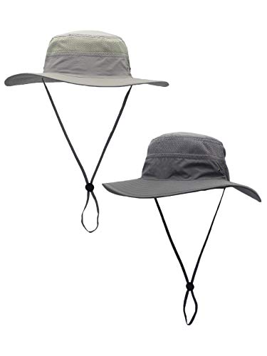 WANYING 2 Stücke Damen Herren Outdoor Bucket Hut Fischer Hut mit Kinnband Atmungsaktiv Schnelltrocknend Sonnenschutz - für Kopfumfang 60-63cm Hellgrau & Dunkelgrau von WANYING