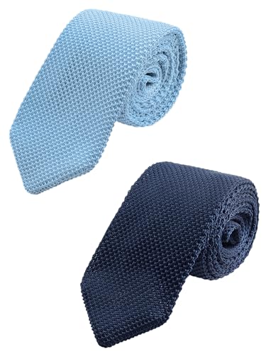 WANYING 2 × Herren 7cm Schmale Strickkrawatte 2,75 Zoll Gestrickte Narrow Krawatte Retro Sporty Casual Büro Basic für Gentleman - Einfarbig Dunkelblau Hellblau von WANYING