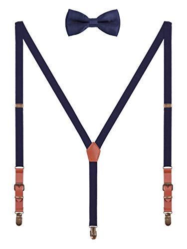 WANYING 2cm Hosenträger Fliege Sets | Retro PU Leder 3 Messingartige Clips Y Form Hosenträger Elastisch Verstellbar für Körpergröße 140-190cm - Dunkelblau von WANYING