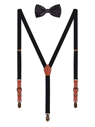 WANYING 2cm Hosenträger Fliege Sets | Retro PU Leder 3 Messingartige Clips Y Form Hosenträger Elastisch Verstellbar für Körpergröße 140-190cm - Schwarz von WANYING