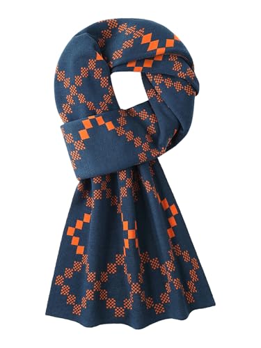 WANYING Herbst Winter Herrenschal 6% Wolle Gestrickter Schal Strickschal Wolleschal Modeschal für Urban Herren Gentleman - Diamond Pattern Dunkelblau & Orange von WANYING