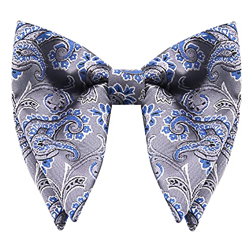 WANYING Herren 4 1/4" Oversized Fliegen bzw. Schleife Große Fliegen Jumbo Butterfly Bowtie Bereits Gebunden mit Hakenverschluß - Jacquard Paisley Brilliantblau Grau von WANYING