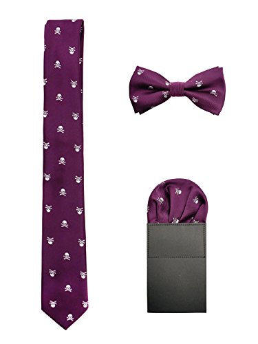 WANYING Herren 6cm Krawatte & Gebundene Fliege & Einstecktuch 3 in 1 Set Yuppie Trendmode Casual Cool - Totenkopf Pattern Purpur von WANYING