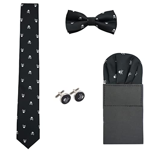 WANYING Herren 6cm Krawatte & Gebundene Fliege & Einstecktuch & Manschettenknöpfe 4 in 1 Set Yuppie Trendmode Casual Cool - Totenkopf Pattern Schwarz von WANYING