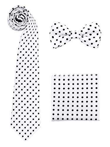 Herren 8cm Breite Krawatte & Pre-tied Fliege & Einstecktuch 3 in 1 Sets - Gepunktet Weiß von WANYING