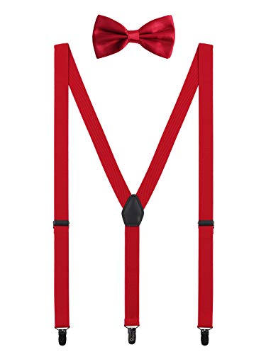 WANYING Herren Hosenträger Fliege Set - 3 Schwarz Clips Y Form 2,5cm Hochelastisch Hosenträger für Herren 150-200cm - Rot von WANYING