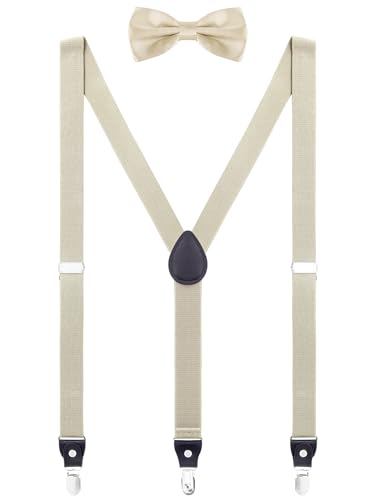 WANYING Herren Jugendliche 2,5cm Breit Y-Form 3 Clips Hosenträger & Fliege 2 in 1 Set Casual Business Party Hochzeit - Einfarbig Khaki von WANYING