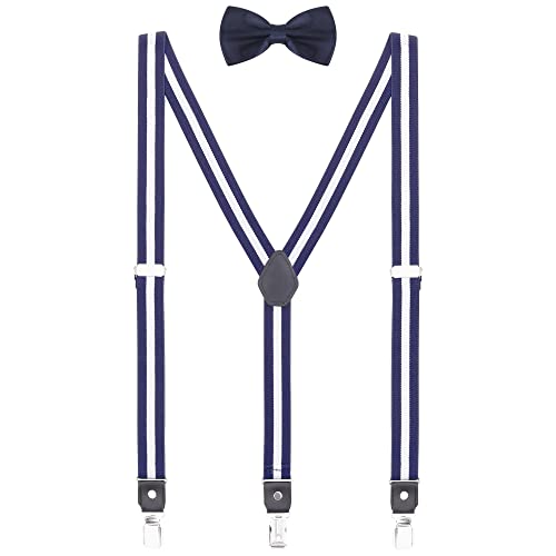 WANYING Herren Jugendliche 2,5cm Breit Y-Form 3 Clips Hosenträger & Fliege 2 in 1 Set Casual Business Party Hochzeit - Gestreift Weiß & Dunkelblau von WANYING