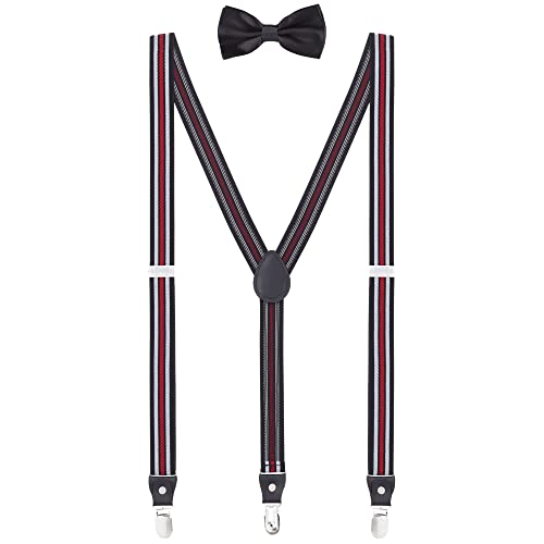 WANYING Herren Jugendliche 2,5cm Breit Y-Form 3 Clips Hosenträger & Fliege 2 in 1 Set Casual Business Party Hochzeit - Gestreift Weiß & Schwarz & Rot von WANYING